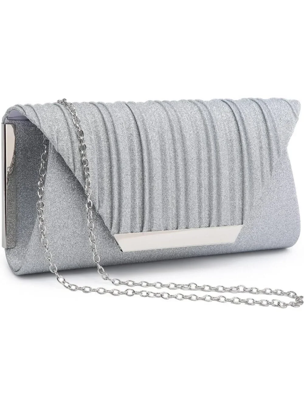 Women Glitter Silver Clutch With Detachable Chain Wedding Formal Evening Bag